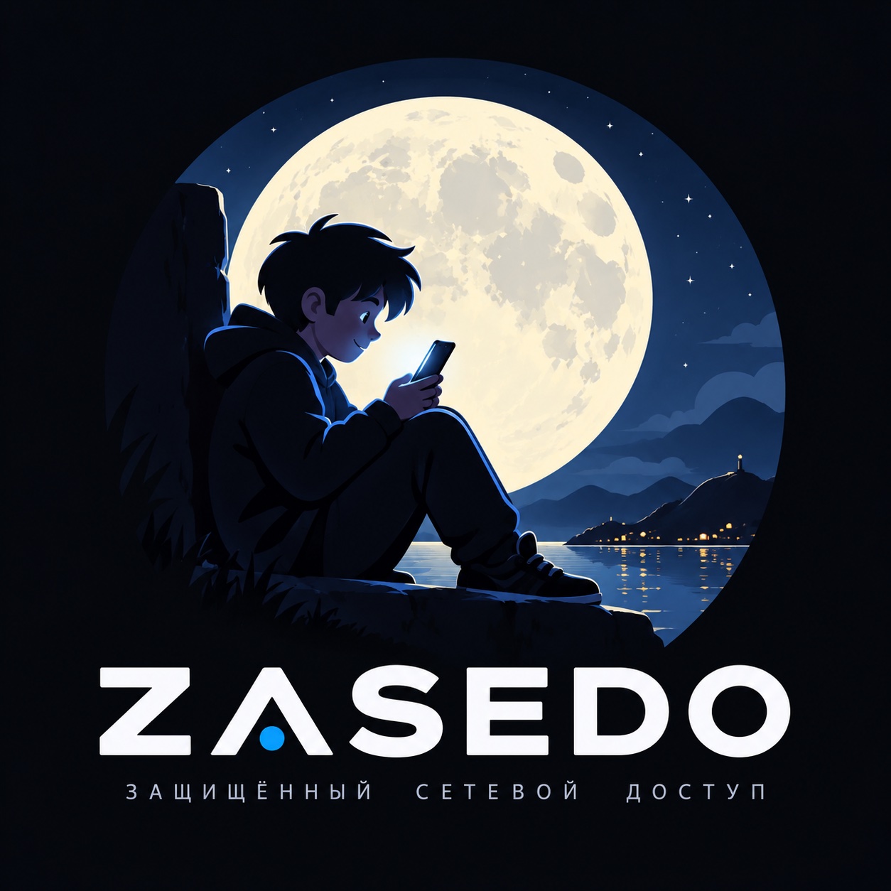 ZASEDO: мальчик с телефоном на берегу моря в свете полной луны